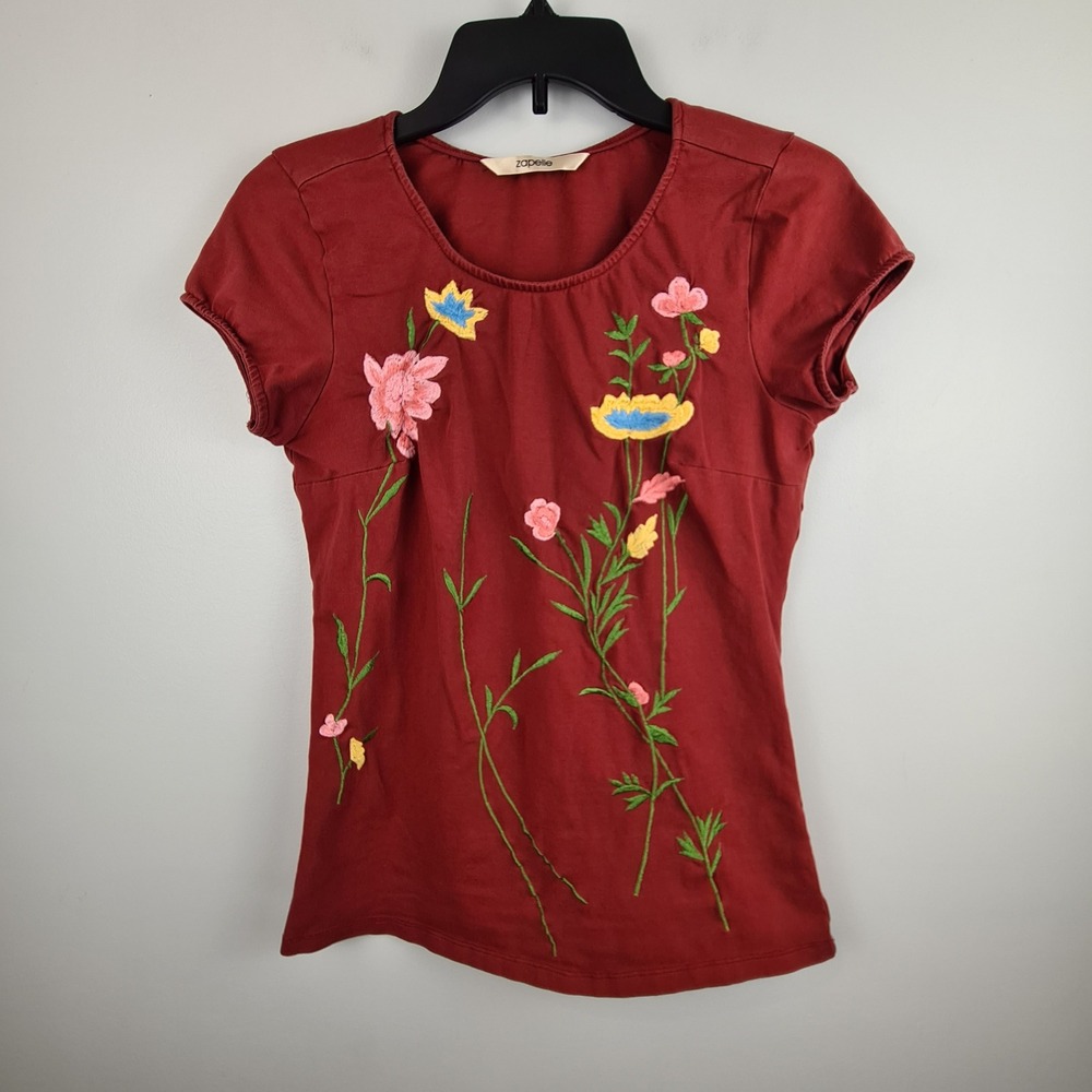 Zapelle Womens Burgundy Red Embroidered Floral Short Sleeve Cotton Spandex Top S